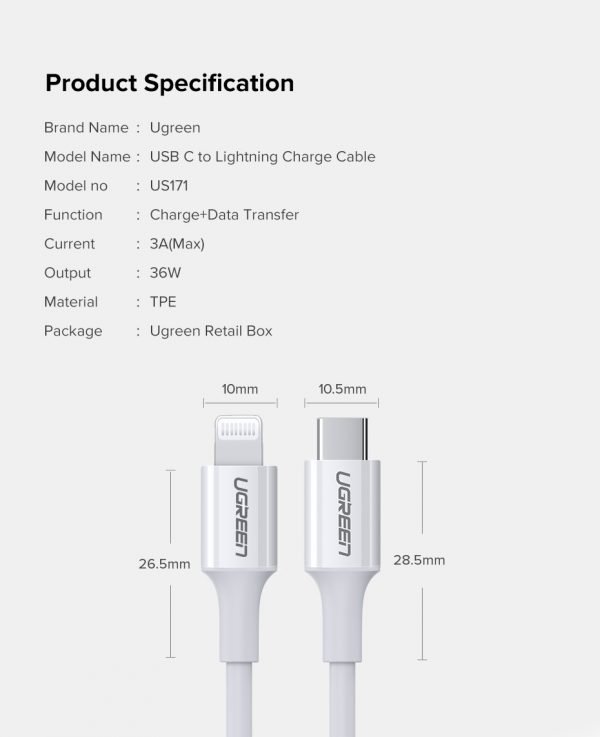 5_1732706895 Ugreen USB C To Lightning M/M Cable Rubber Shell 60W 1M White