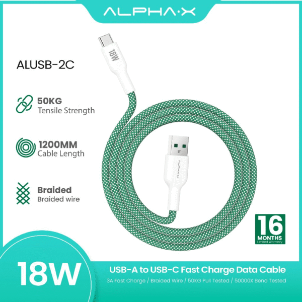 ALPHA·X ALUSB 2C Data Cable USB A to Type C 1.2m Braided Cable Heat Protection (Green)